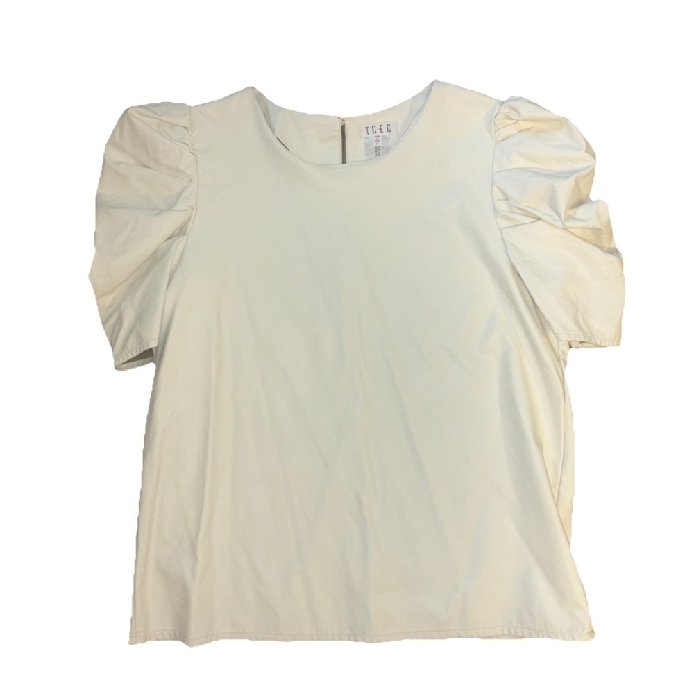 TCEC Shirt Sz Lg White Top Blouse Faux Leather Cream Puff Ruffle Sleeve Career